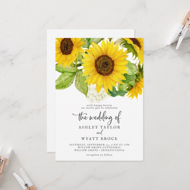 Country Sunflower Front and Back Wedding Invitation (Front/Back In Situ)