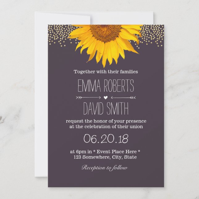 Country Sunflower Gold Dots Elegant Purple Wedding Invitation (Front)