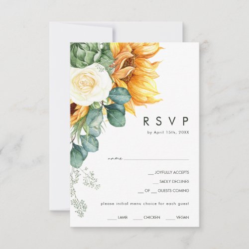 Country Sunflower  Green Menu Choice RSVP Card