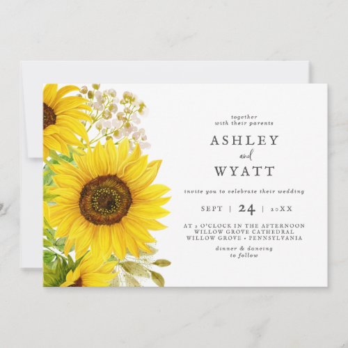 Country Sunflower Horizontal Wedding Invitation