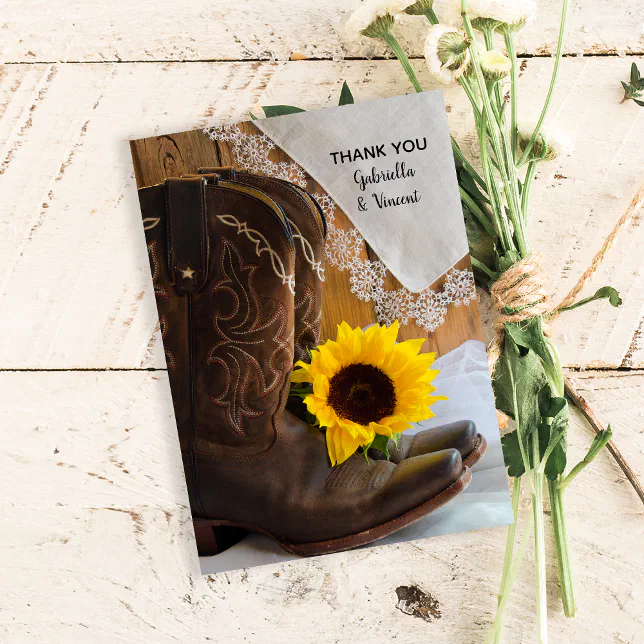 Country Sunflower Lace Western Wedding Thank You Note Card | Zazzle