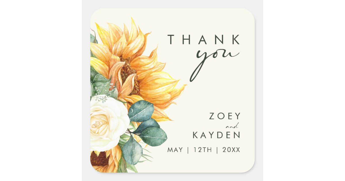 Country Sunflower Light Yellow Thank You Wedding Square Sticker | Zazzle