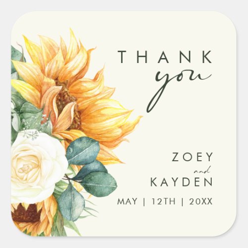 Country Sunflower Light Yellow Thank You Wedding Square Sticker