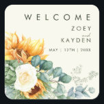Country Sunflower | Light Yellow Wedding Welcome Square Sticker<br><div class="desc">This country sunflower | light yellow wedding welcome square sticker is perfect for your simple classic boho summer backyard barn wedding. Design features a bouquet of vintage watercolor yellow gold and rustic orange sunflowers, elegant modern sage green eucalyptus greenery, and a white ivory rose. The design is ideal for a...</div>