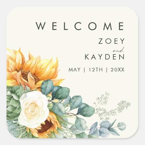 Country Sunflower  Light Yellow Wedding Welcome Square Sticker
