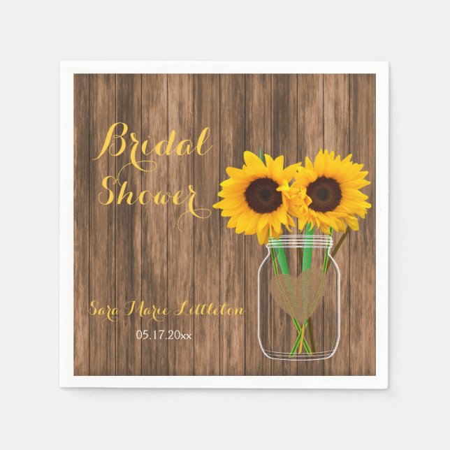 Country Sunflower Mason Jar Bridal Shower Paper Napkins (Front)