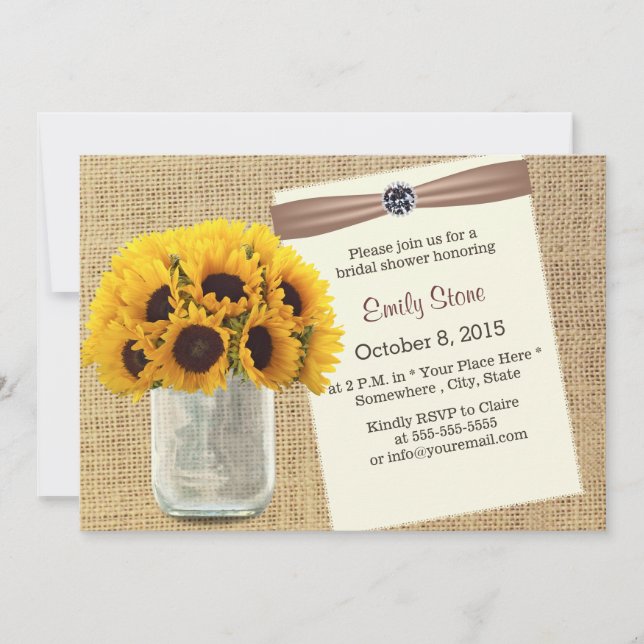 Country Sunflower & Mason Jar Burlap Bridal Shower Invitation (Front)