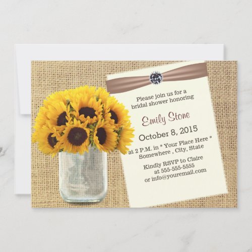 Country Sunflower &amp; Mason Jar Burlap Bridal Shower 5x7 Paper Invitation Card