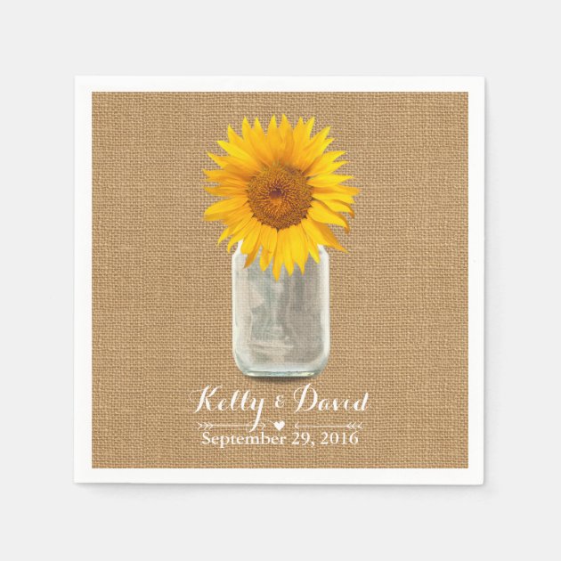 Country Sunflower & Mason Jar Burlap Wedding Napkin