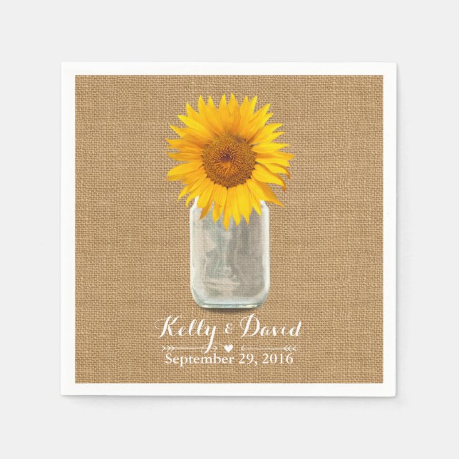 Country Sunflower & Mason Jar Burlap Wedding Napkins (Front)