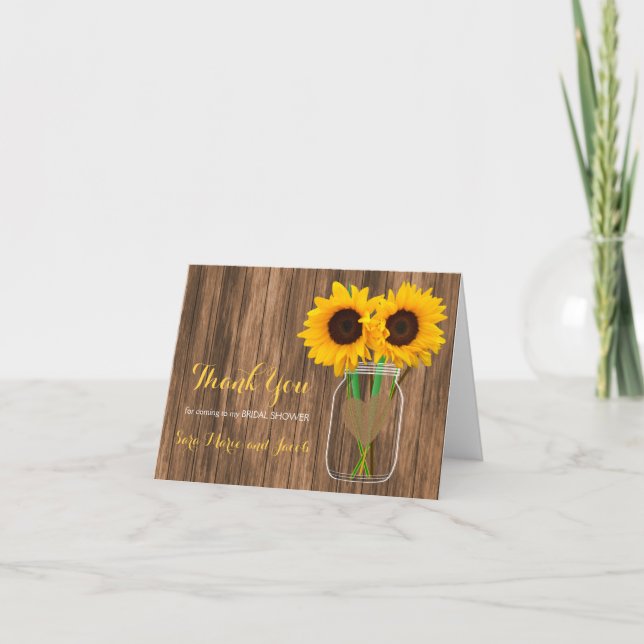 Country Sunflower Mason Jar Design Thank You Card (Front)