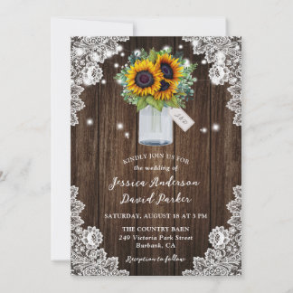 Country Sunflower Mason Jar Lace Wood Wedding Invitation