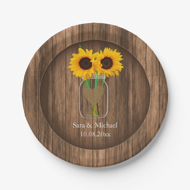 Country Sunflower Mason Jar Paper Plates (Front)