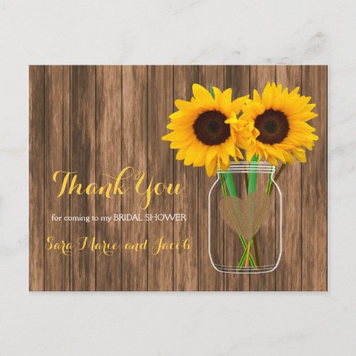 Country Sunflower Mason Jar _ Thank You Postcard