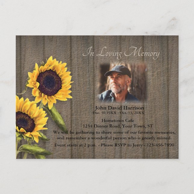 Country Sunflower Memorial Invitation with Photo Postcard (Front)