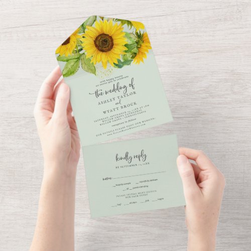 Country Sunflower  Mint Wedding All In One All In One Invitation