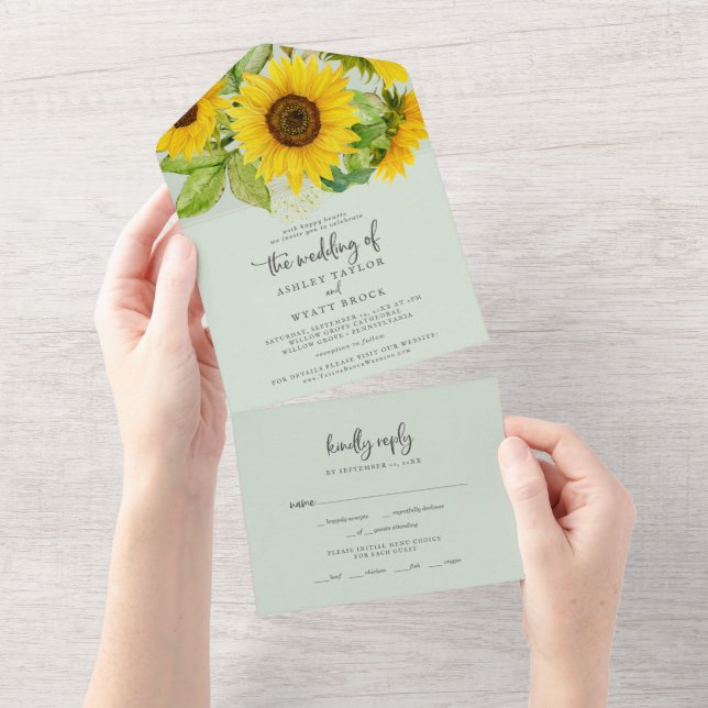 Country Sunflower | Mint Wedding All In One Invitation (Tearaway)