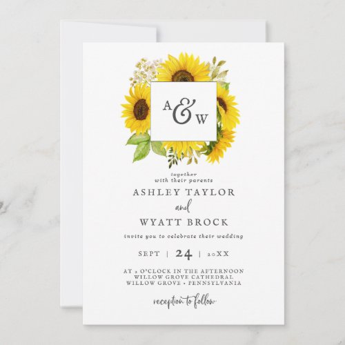 Country Sunflower Monogram Wedding Invitation
