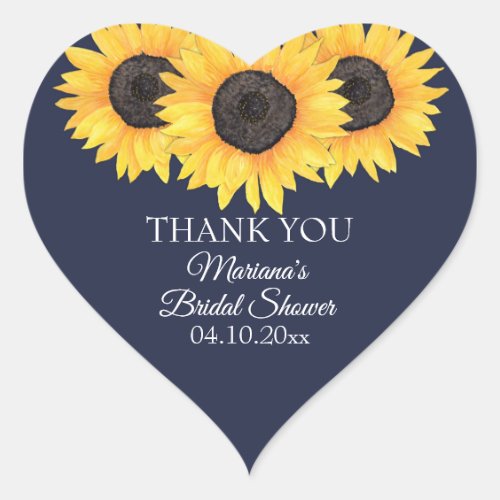Country Sunflower Navy Blue Bridal Shower Heart Sticker