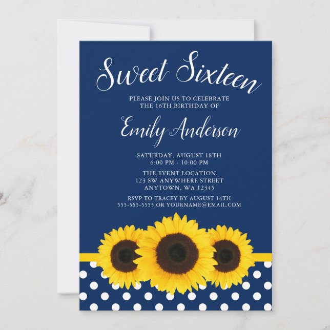 Country Sunflower Navy Blue Sweet 16 Invitations (Front)