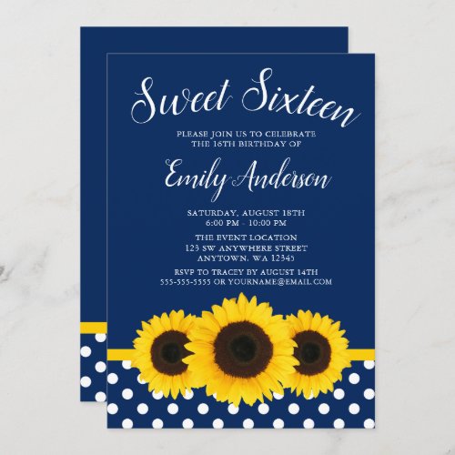 Country Sunflower Navy Blue Sweet 16 Invitations