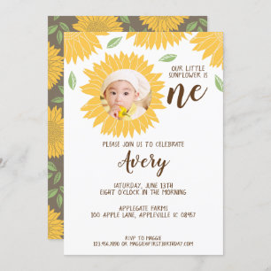 Country Sunflower Photo 1st Birthday Party Invitation