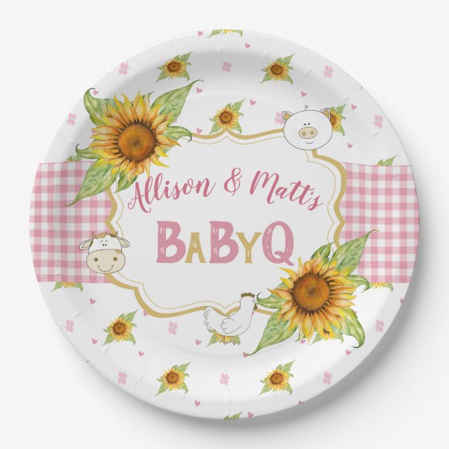 Country Sunflower Pink Gingham Baby Q Barbeque Paper Plates (Front)