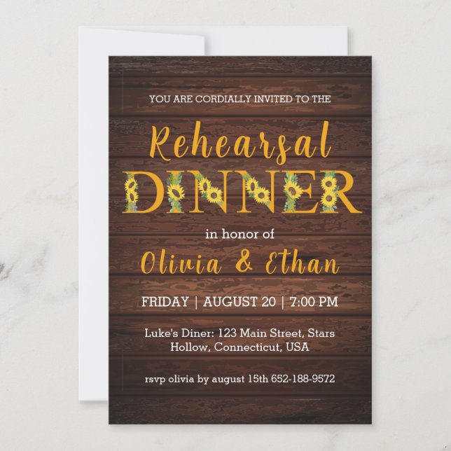 Country sunflower rehearsal dinner invitations (Front)