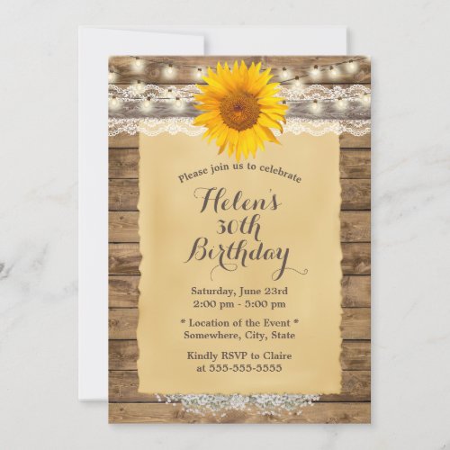 Country Sunflower Rustic Barn 30th Birthday Party Invitation
