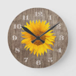 Country Sunflower Rustic Barn Wood Vintage Round Clock at Zazzle
