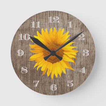 Country Sunflower Rustic Barn Wood Vintage Round Clock by fotoplus at Zazzle
