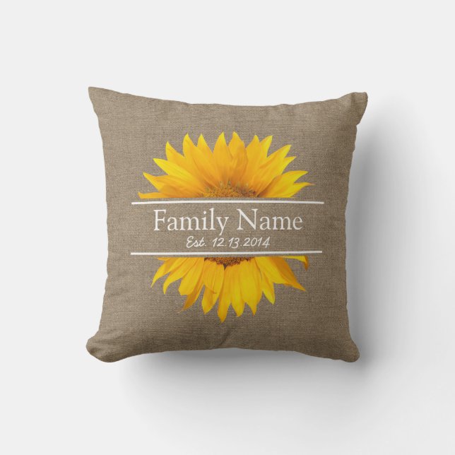 Country Sunflower Rustic Burlap Family Name Throw Pillow (Front)