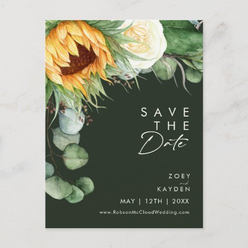 Country Sunflower Script  Green Save The Date Invitation Postcard