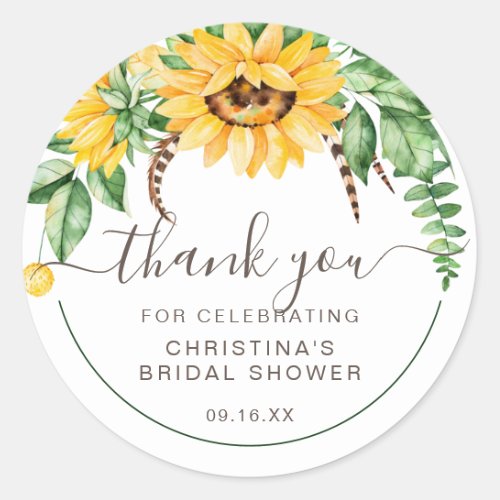 Country Sunflower Script Thank You Bridal Shower Classic Round Sticker