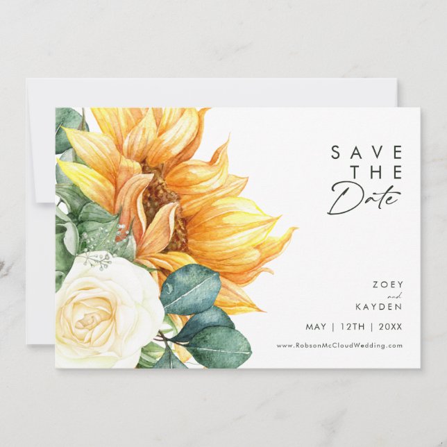 Country Sunflower Script With Photo Horizontal Save The Date (Front)