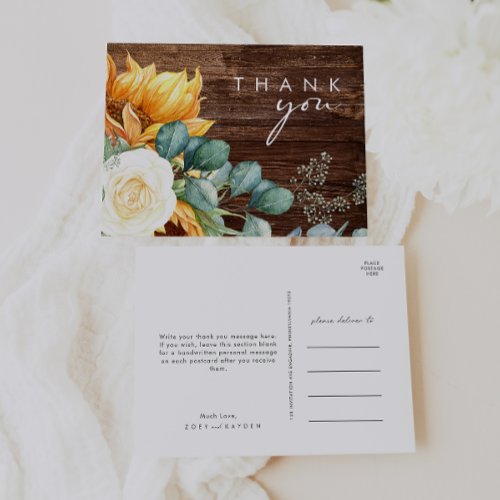 Country Sunflower Script  Wood Wedding Thank You Postcard