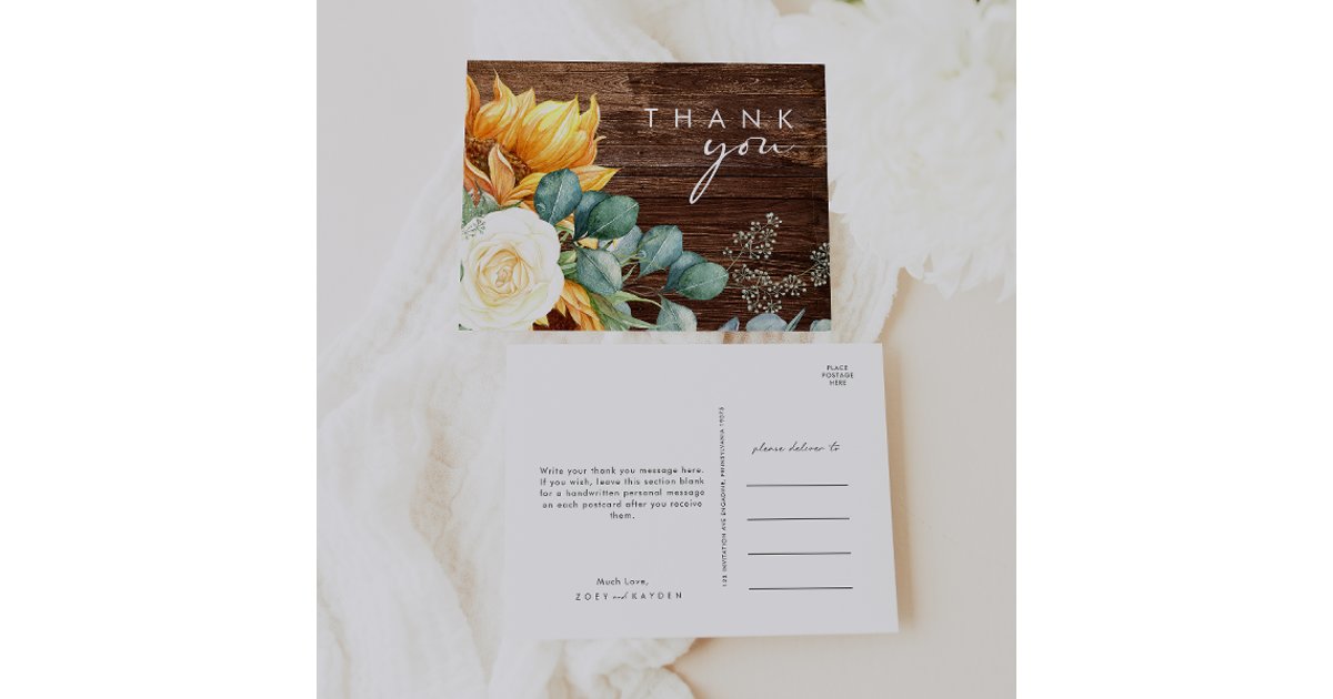 Country Sunflower Script | Wood Wedding Thank You Postcard | Zazzle