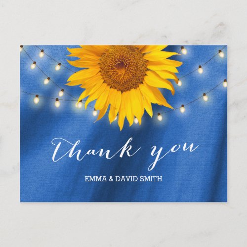 Country Sunflower  String Lights Blue Thank You Postcard
