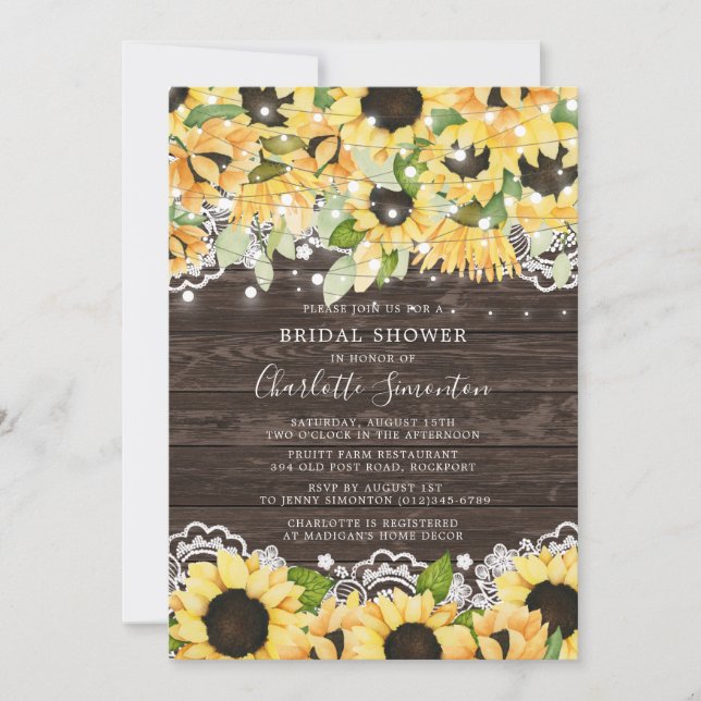 Country Sunflower String Lights Lace Bridal Shower Invitation (Front)