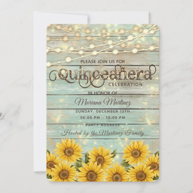 Country sunflower string lights Quinceañera Invitation (Front)
