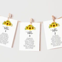 Country Sunflower Table Number Seating Chart Cards