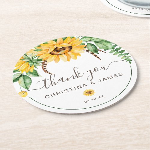 Country Sunflower Thank You Wedding Favor Round Paper Coaster