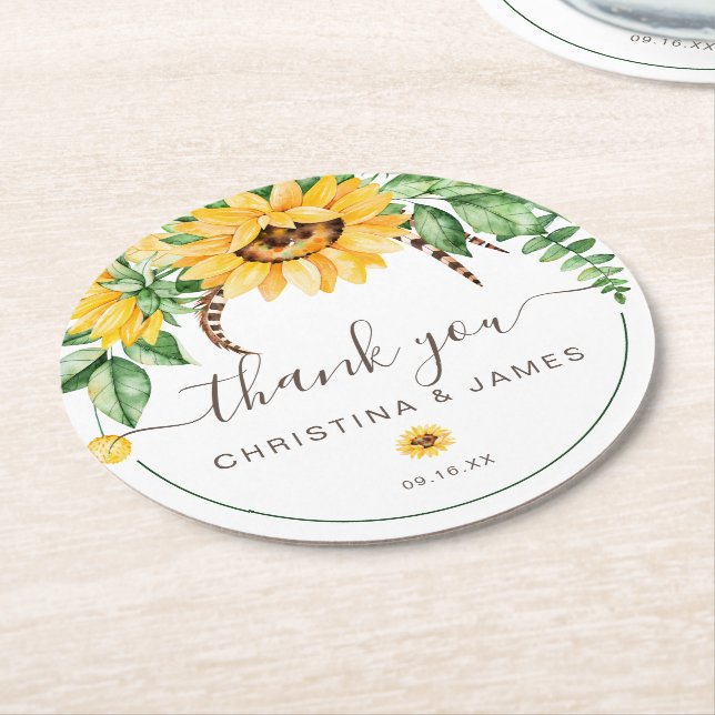 Country Sunflower Thank You Wedding Favor Round Paper Coaster (Angled)