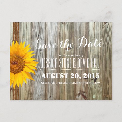Country Sunflower Twine  Barn Wood Save the Date Announcement Postcard