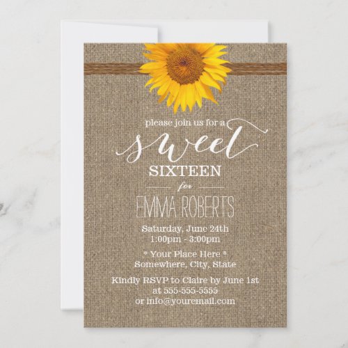 Country Sunflower &amp; Twine Burlap Sweet Sixteen 5x7 Paper Invitation Card