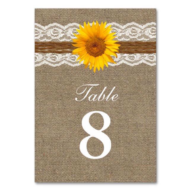 Country Sunflower Twine Lace & Burlap Wedding Table Number (Front)