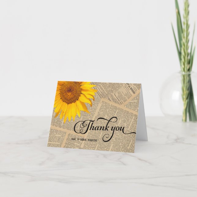 Country Sunflower Vintage Old Newspaper Thank You Card (Front)