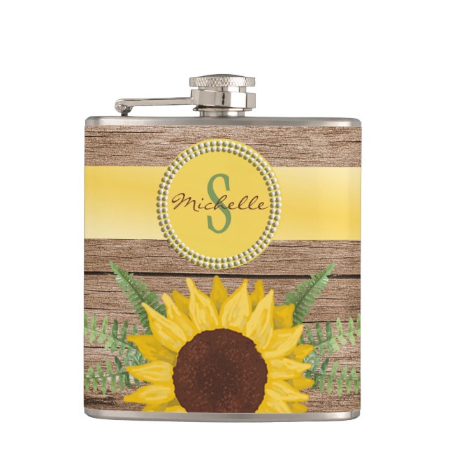 Country Sunflower Vintage Wood Monogram Flask (Front)