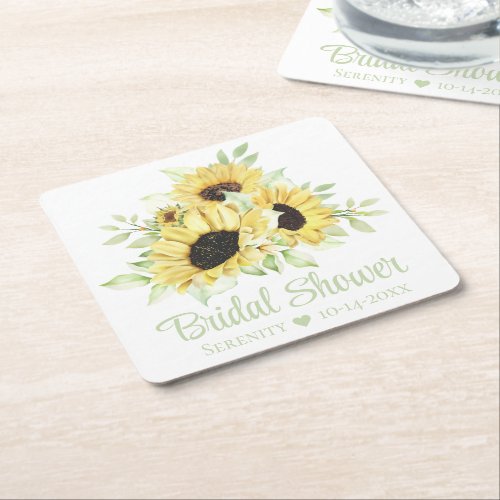 Country Sunflower Watercolor Floral Bridal Shower Square Paper Coaster