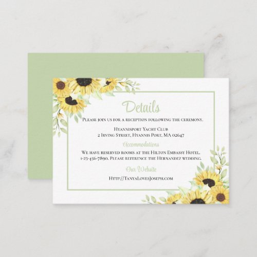 Country Sunflower Watercolor Floral Wedding Detail Enclosure Card
